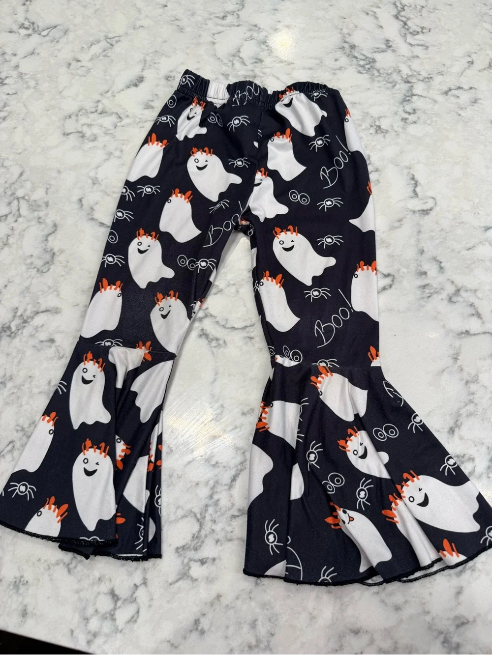 Orange Halloween Ghost Ruffle Top + Ghost Print Flare Pants – Size 2-3Y 🎃